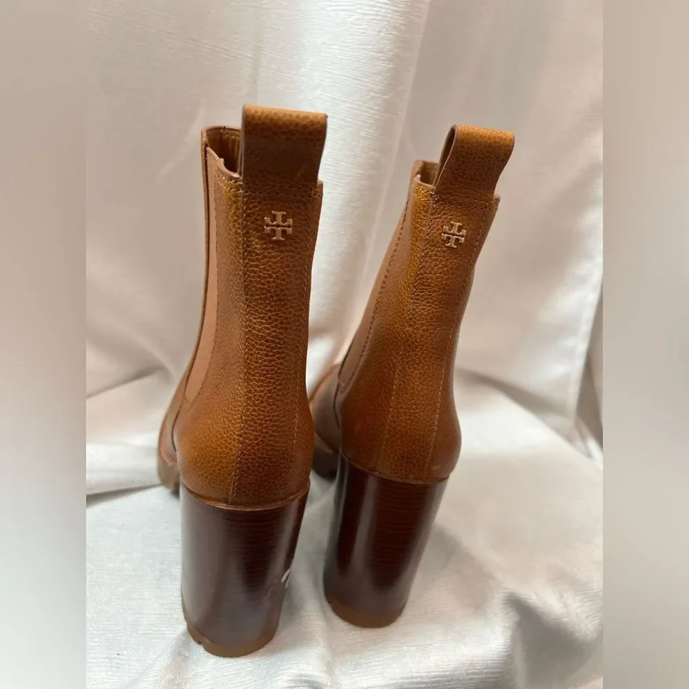 Tory Burch Leather Heeled CARSON LUG SOLE ANKLE BOOTS in Toasted Caramel